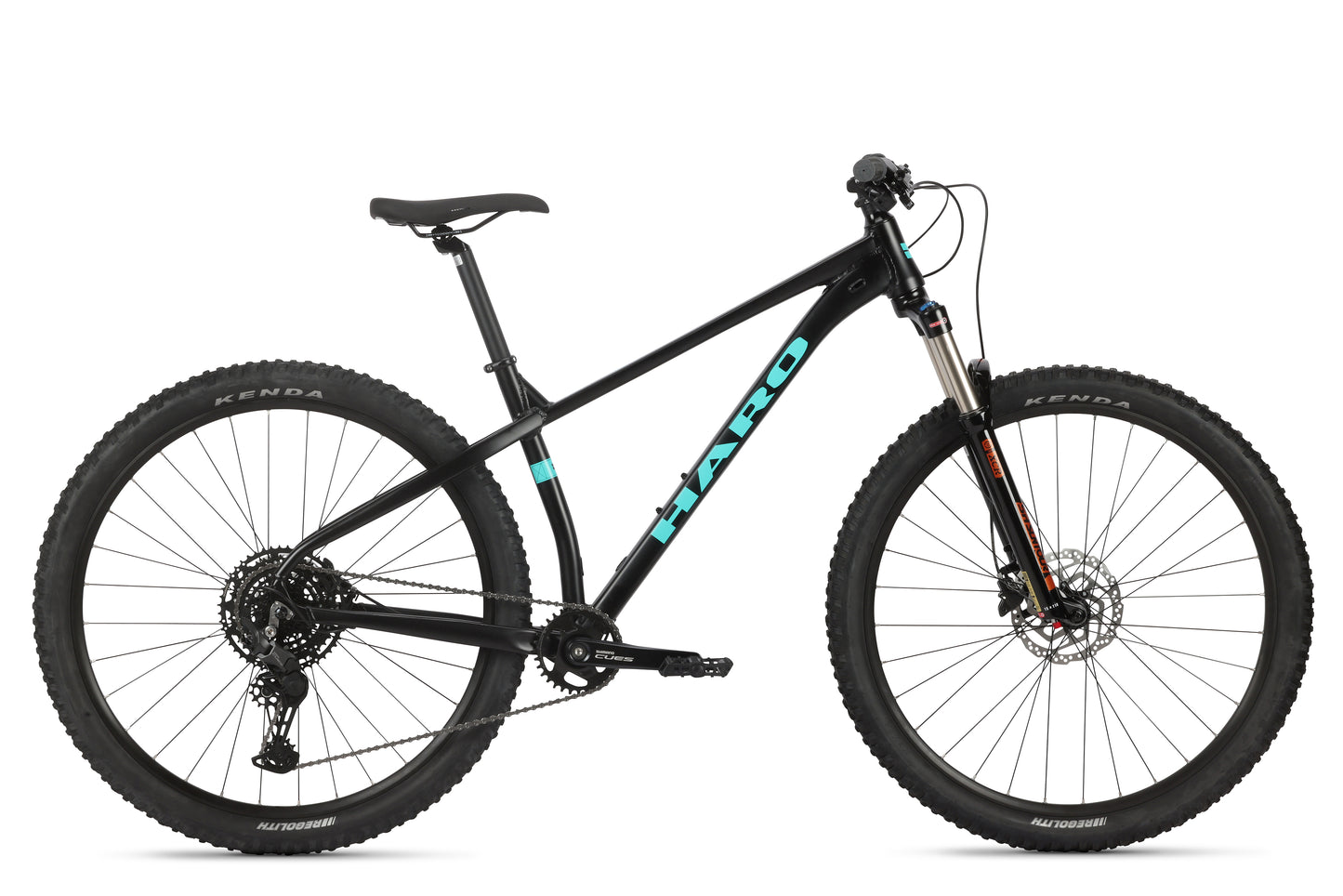 Double Peak 2 by Haro Bikes, matte black/teal, thick tires, Shimano Cues 1x10 gears, SR Suntour fork.