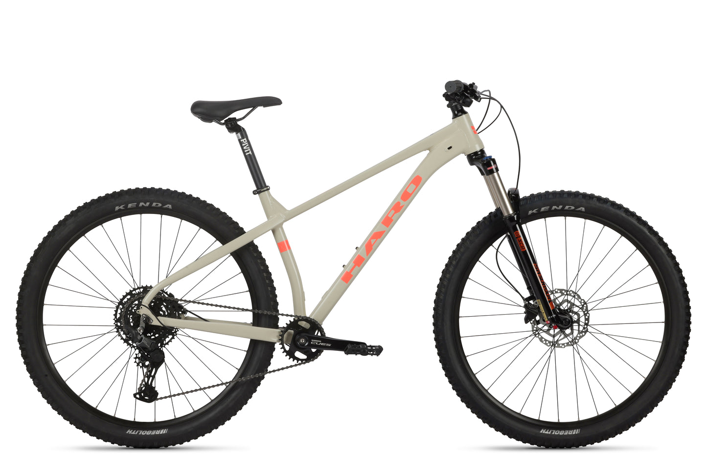 A Gloss Tan / Lava mountain bike, Double Peak 2 by Haro Bikes, features an Aluminiumrahmen, thick tires, SR Suntour Federgabel, and disc brakes.