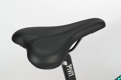 Close-up of Double Peak 3s black contoured seat on a PMT post by Haro Bikes against a white backdrop.