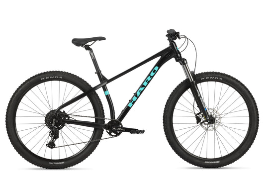 A black Haro Bikes Double Peak 3, featuring a teal logo, disc brakes, and Kenda tires on a white background.