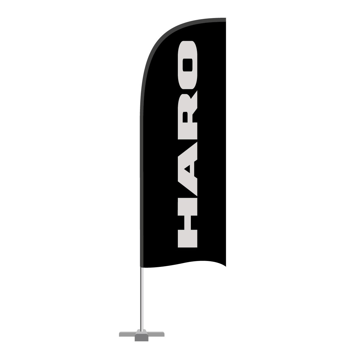 The HARO Square Flag by Haro Bikes features bold white letters on black Fahnenstoff and a silver Standplatte Stahl base.