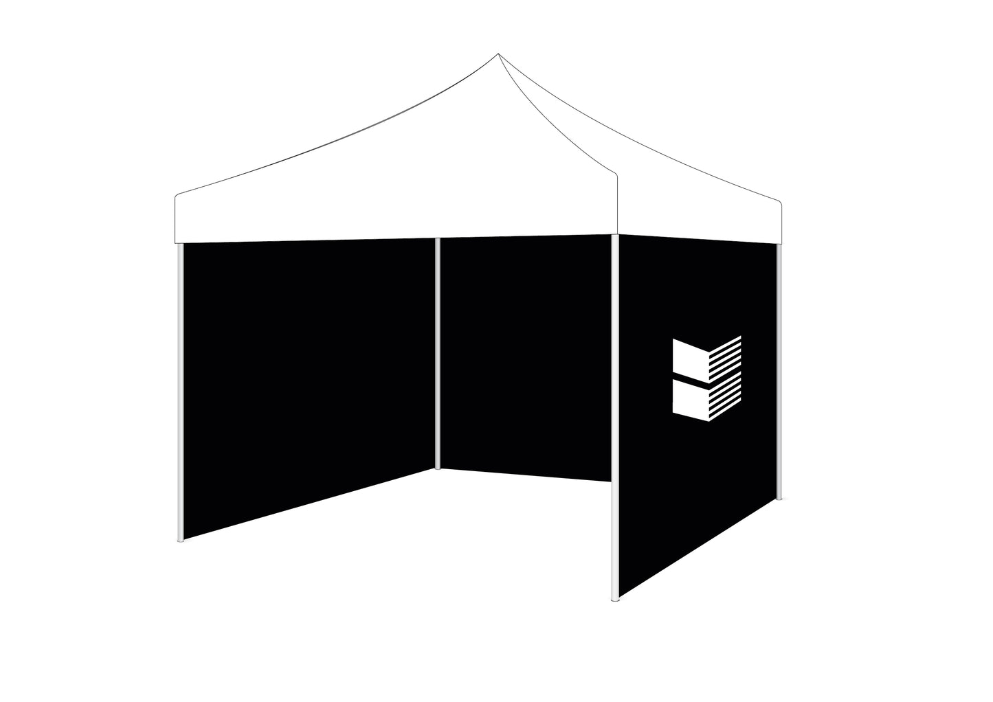 HARO Event Zelt by Haro Bikes: white canopy, 3 black side panels—one with a white geometric logo; perfect for outdoor events.