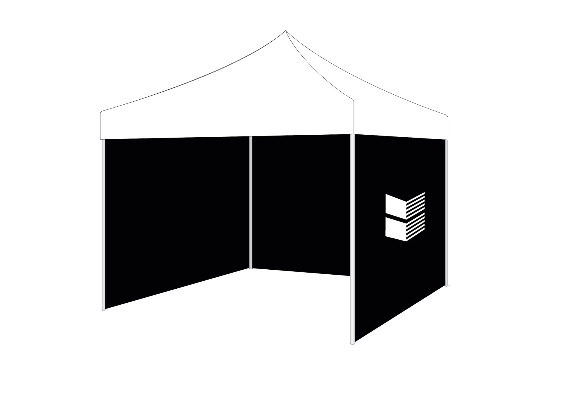 HARO Event Zelt by Haro Bikes: white canopy, 3 black side panels—one with a white geometric logo; perfect for outdoor events.