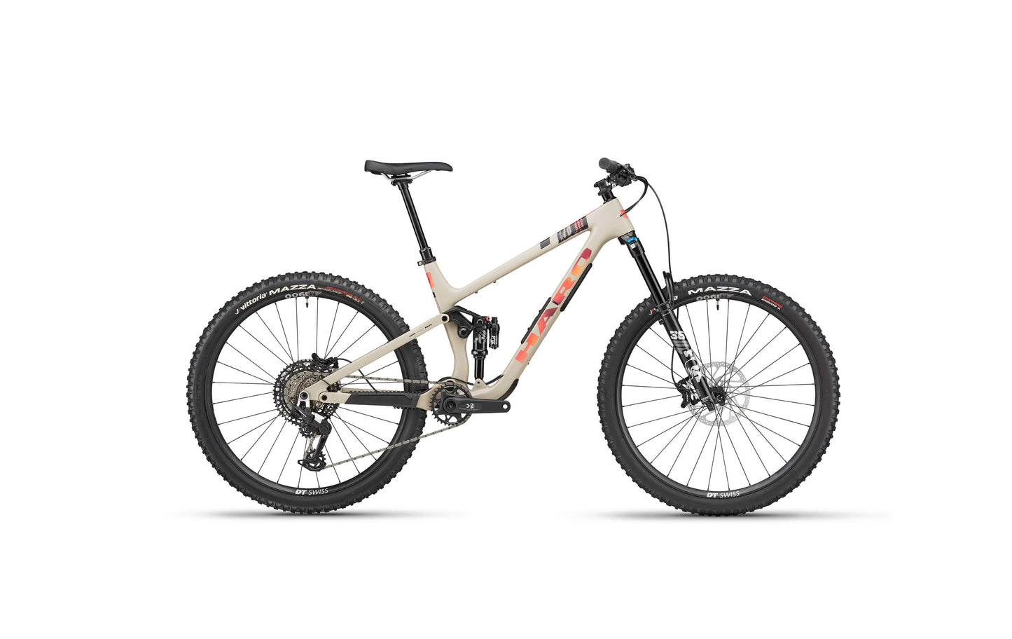 The Haro Bikes Daley Carbon 3: beige all-mountain carbon bike, black tires, red decals—lightweight frame, great value.