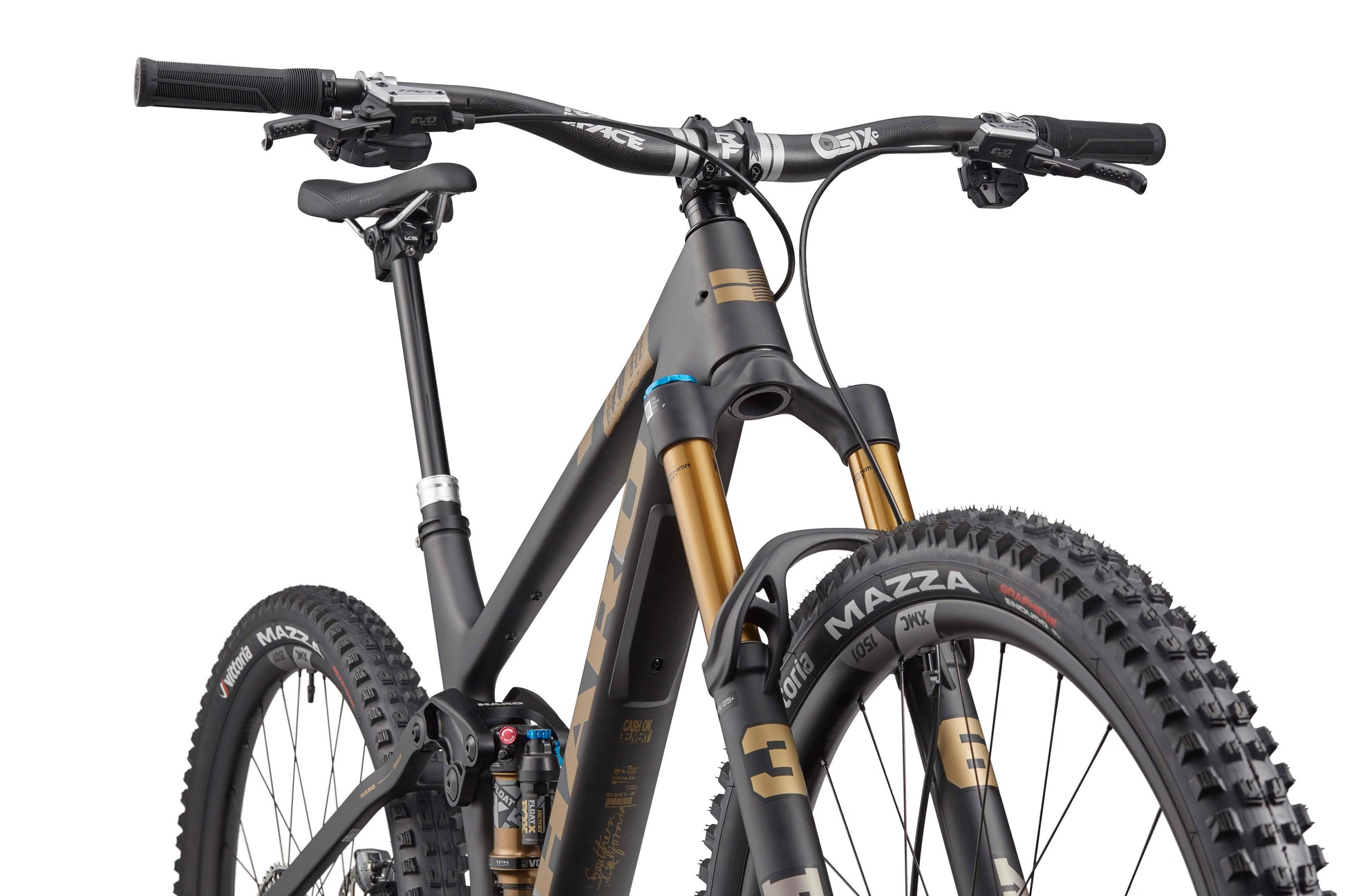 A close-up of the Haro Bikes Daley Carbon Top Shelf, showcasing its black and gold details and premium front suspension.