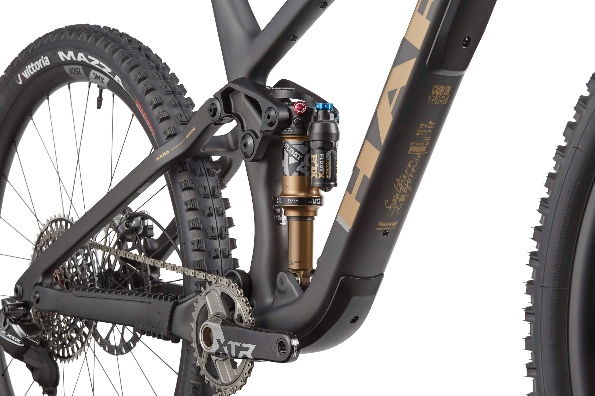 Close-up of the Haro Bikes Daley Carbon Top Shelf’s rear suspension, carbon frame, and high-end components with detailed parts visible.