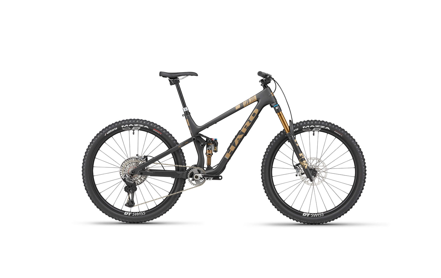 The HARO Daley Carbon Top Shelf, a black and gold all-mountain bike with knobby tires, shown side view on white background.
