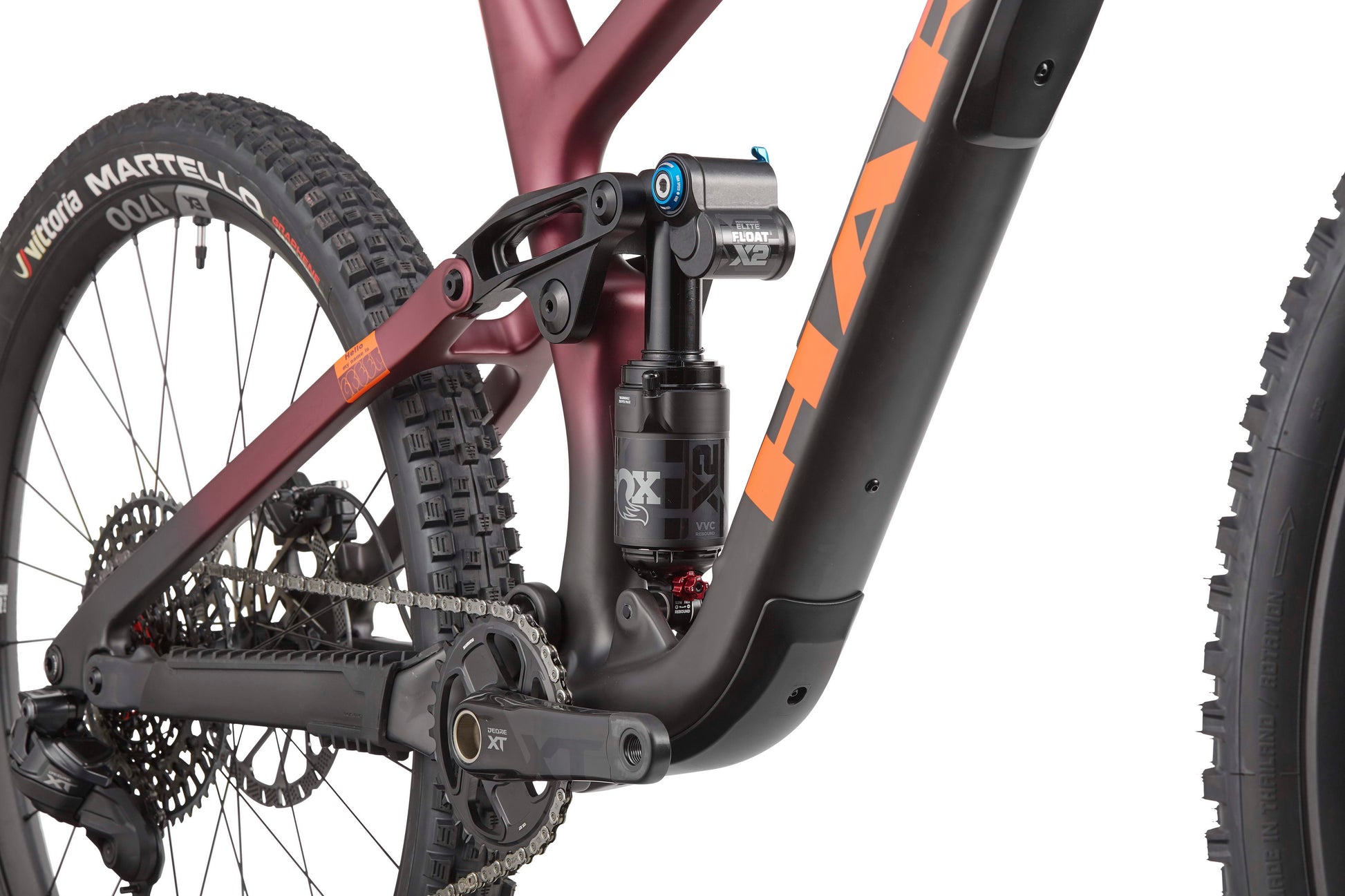 Close-up of Haro Bikes’ Greer Carbon 1 frame, Fox rear suspension, and drivetrain in detailed focus.