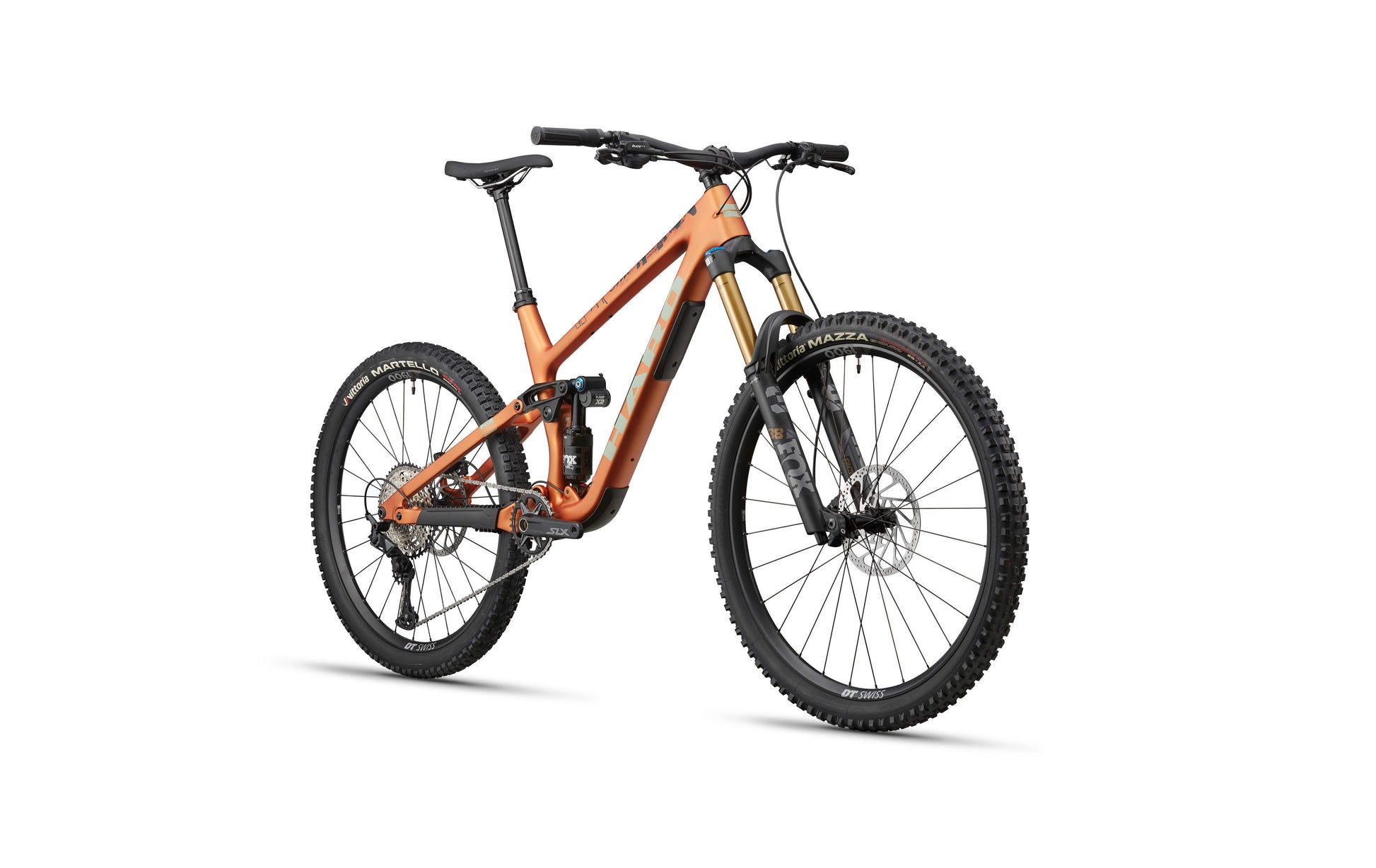 The Haro Bikes Greer Carbon 2, an orange enduro bike with thick tires and Shimano SLX brakes, shown front-side on white.