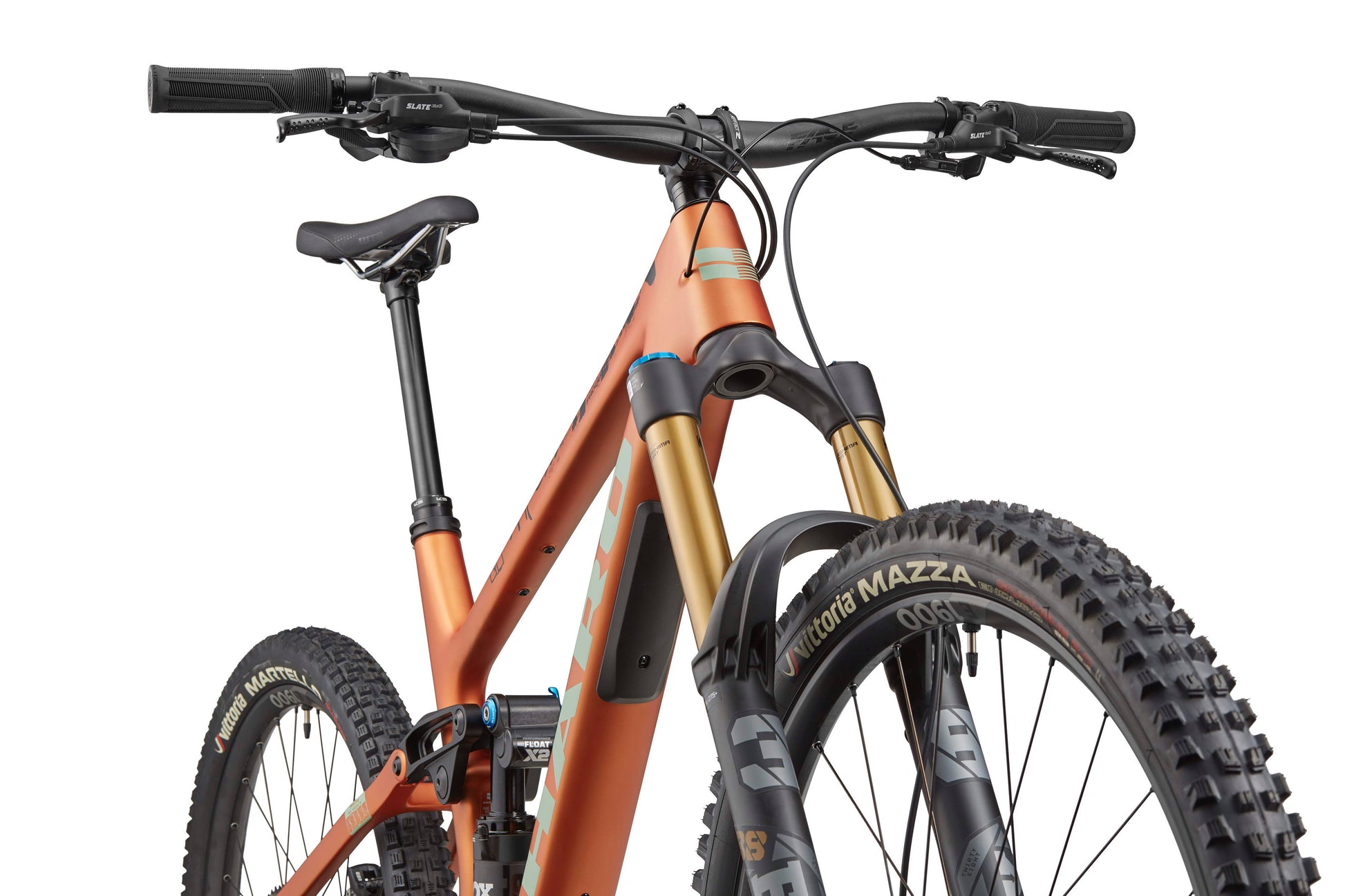 A close-up of the Haro Bikes Greer Carbon 2 enduro bike, showcasing its precise Shimano SLX components.