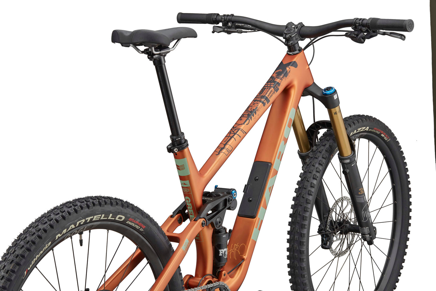 The Haro Bikes Greer Carbon 2 is a carbon enduro bike with wide tires, Shimano SLX, dual shocks & flat bars on a white background.