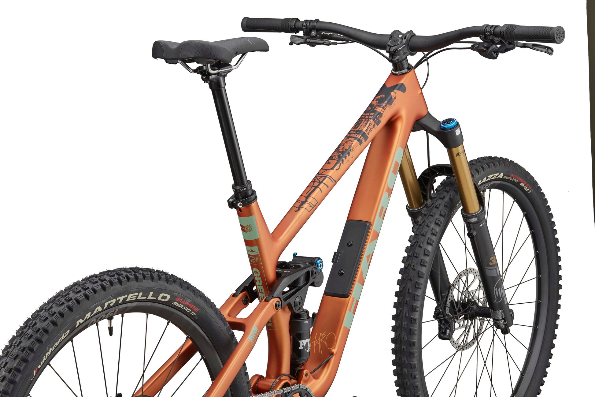 The Haro Bikes Greer Carbon 2 is a carbon enduro bike with wide tires, Shimano SLX, dual shocks & flat bars on a white background.