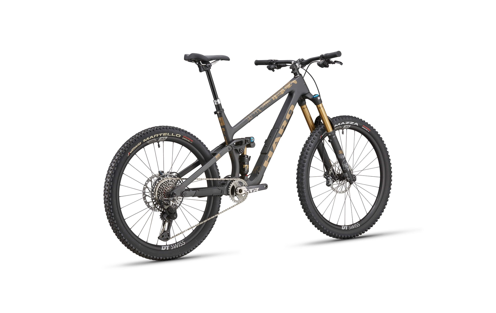 The Haro Bikes Daley Carbon Top Shelf features a black/bronze carbon frame, wide tires, and disc brakes, shown on white.