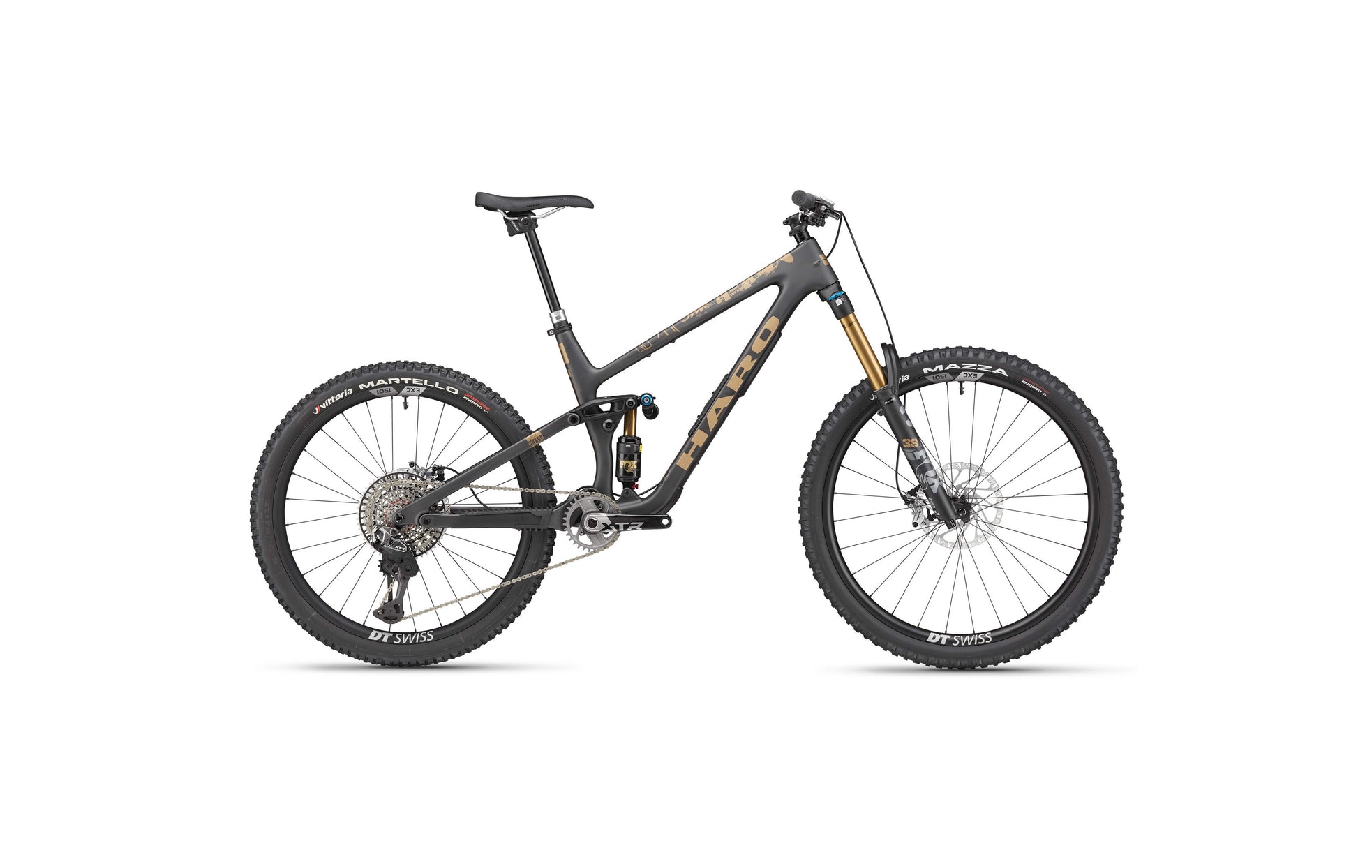 The Haro Bikes Greer Carbon Top Shelf mountain bike features thick tires, disc brakes, and a carbon frame on a white background.