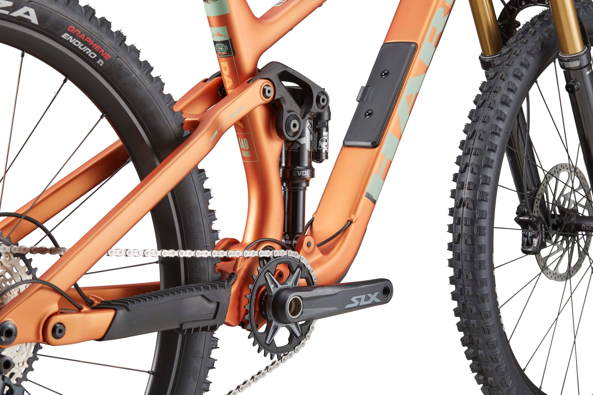 Close-up of the Haro Bikes Daley Carbon 2 frame with Shimano SLX, Fox suspension, and a knobby rear tire.