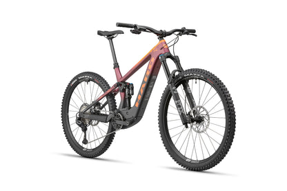The Haro Bikes eDaley Carbon 1 is a modern maroon and black E-Bike with full suspension, disc brakes, and Shimano XT Di2.