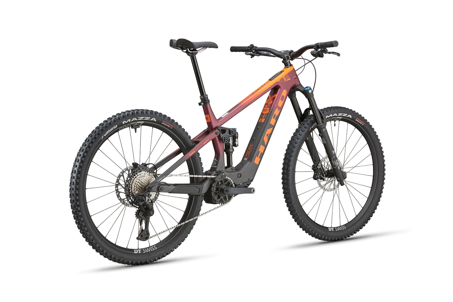 The Haro Bikes eDaley Carbon 1 is a full-suspension carbon e-bike in maroon/orange with Bosch SX motor, black wheels, and disc brakes.