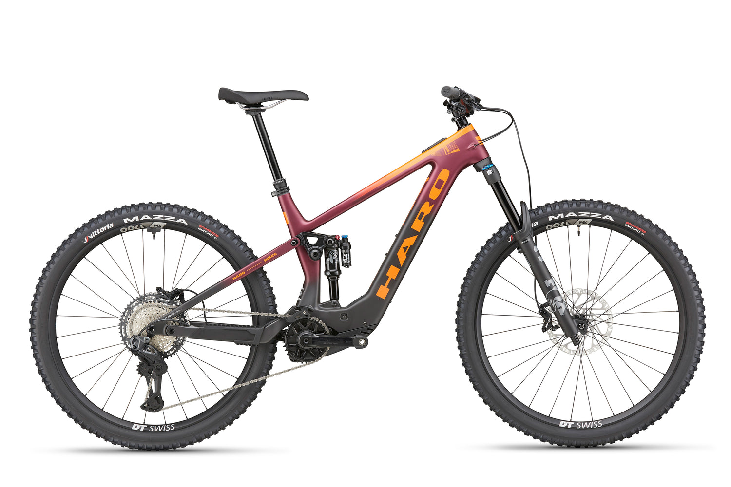 The eDaley Carbon 1 by Haro Bikes is a maroon/orange carbon full-suspension E-Bike with Bosch Performance Line SX.