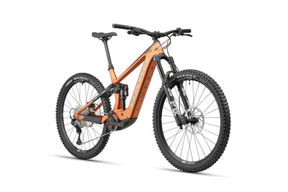 The Haro Bikes eDaley Carbon 2 is a carbon full-suspension mountain bike with knobby tires, disc brakes, and black handlebars.