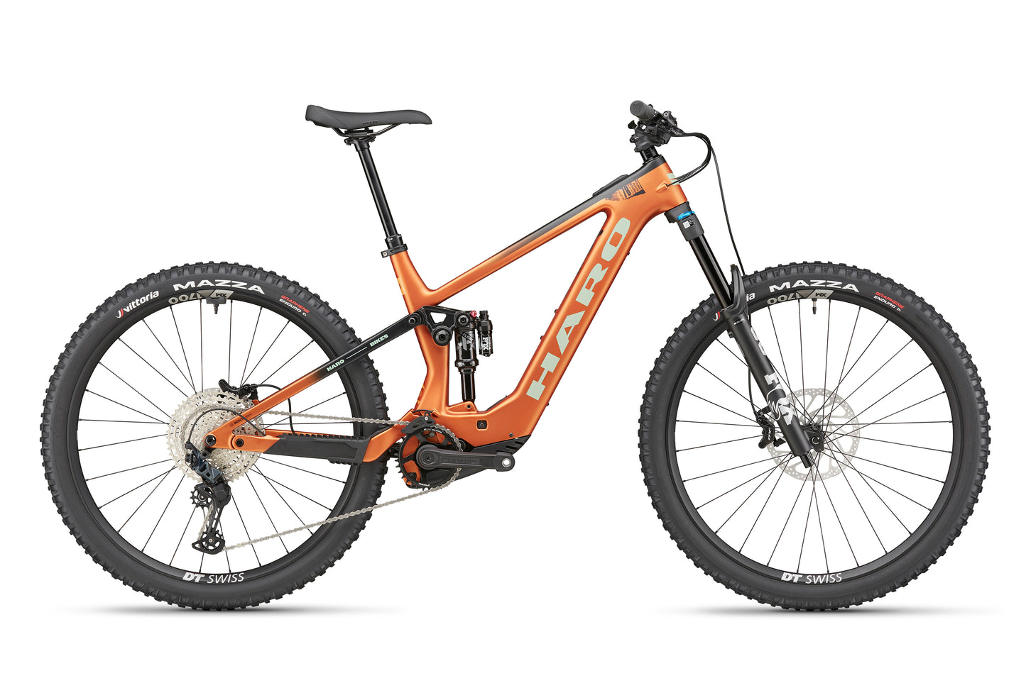 The Haro Bikes eDaley Carbon 2 is a full-suspension trail mountain bike with black details and wide tires, shown in side view.