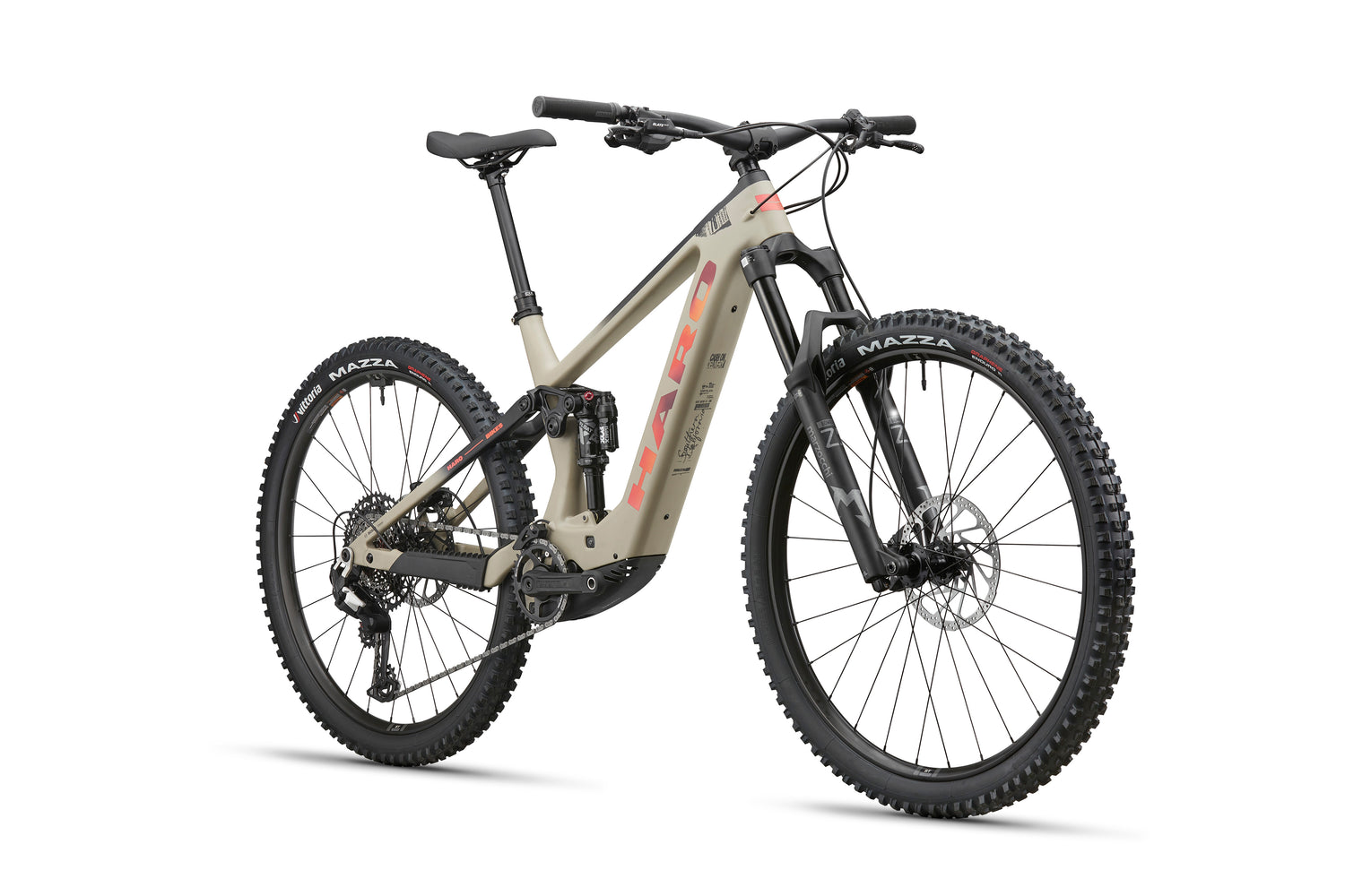 The Haro Bikes eDaley Carbon 3 is a beige/black E-MTB with carbon frame, thick tires, disc brakes, and Bosch Performance Line SX.