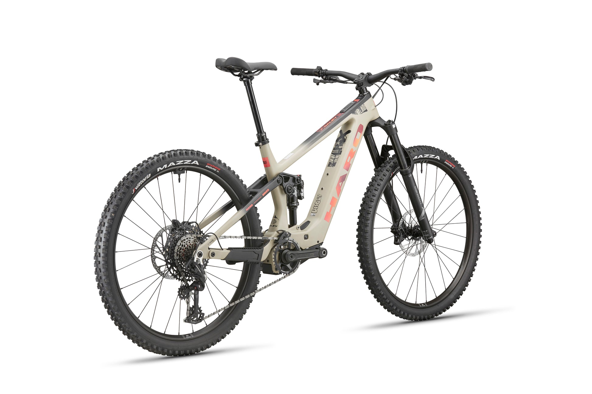 The Haro Bikes eDaley Carbon 3 is a beige and black E-MTB with thick tires, disc brakes, carbon frame, powered by Bosch Performance Line SX.