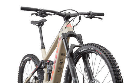 A close-up of the Haro Bikes eDaley Carbon 3 E-MTB with carbon frame, front wheel, handlebars, and suspension on a white background.