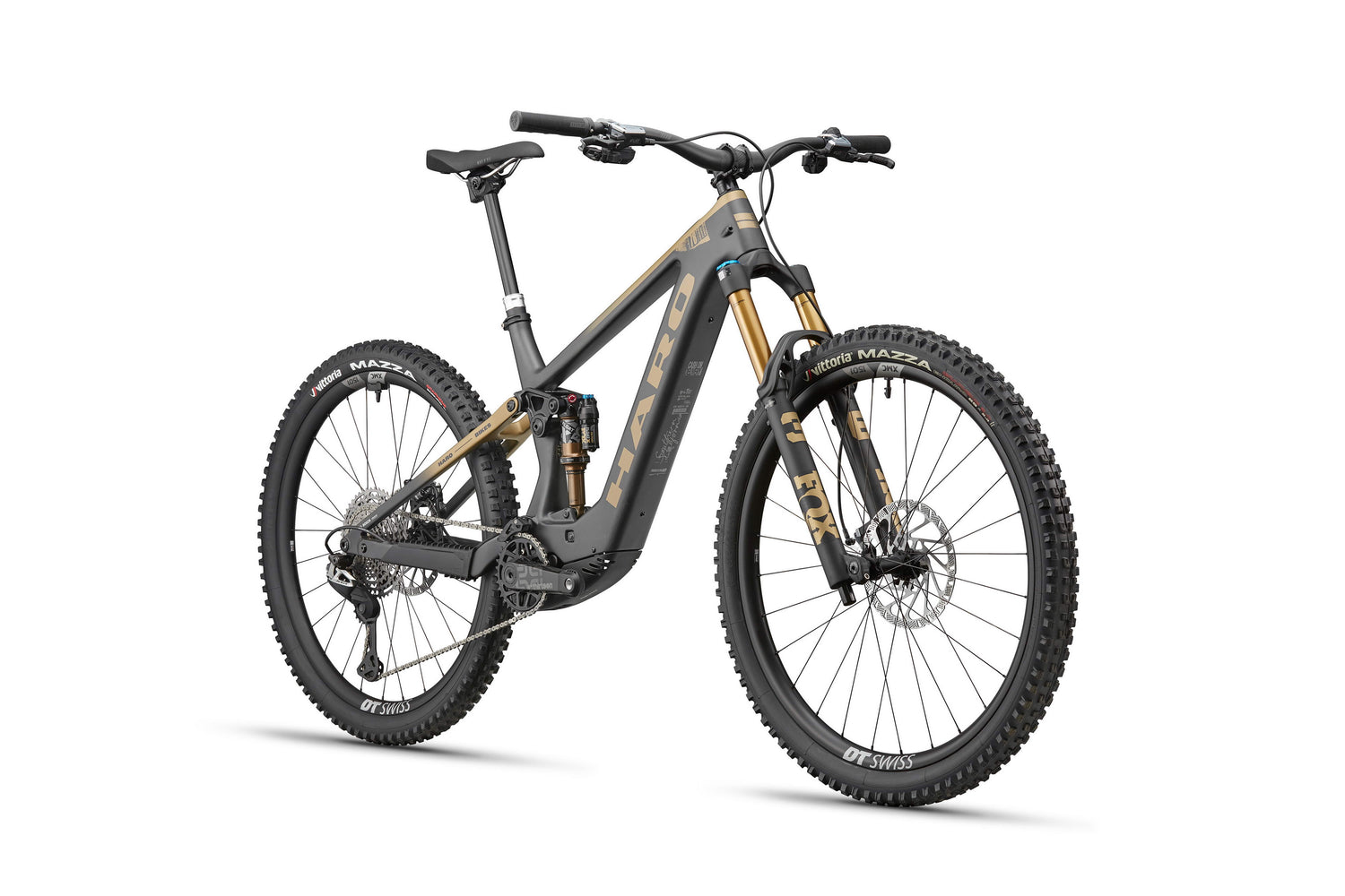 The Haro Bikes eDaley Carbon Top Shelf is a matte black and gold full-suspension e-MTB with disc brakes and thick tires, front-left view.