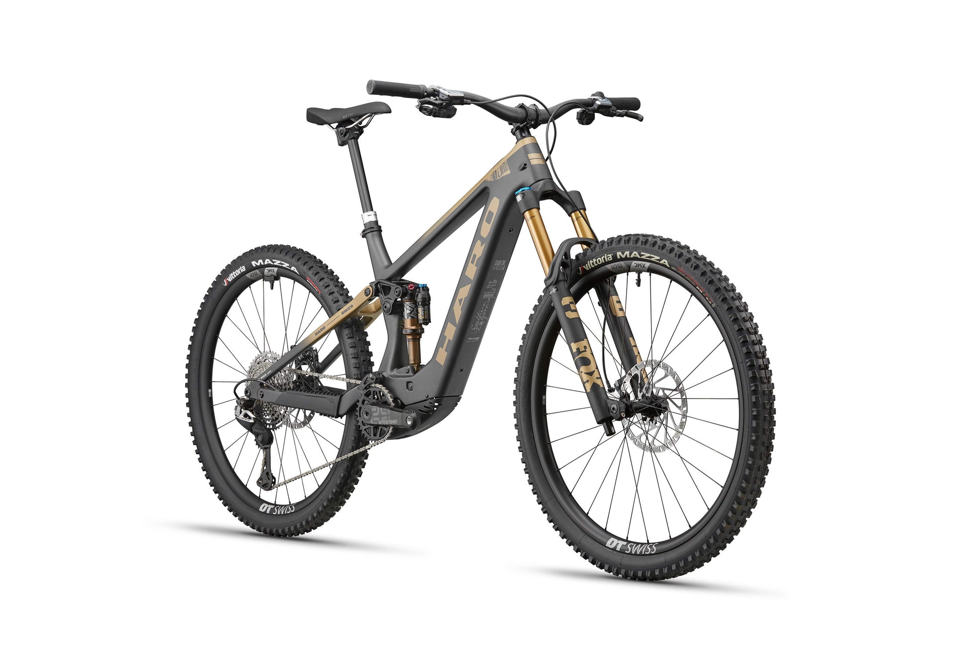 The Haro Bikes eDaley Carbon Top Shelf is a matte black and gold full-suspension e-MTB with disc brakes and thick tires, front-left view.