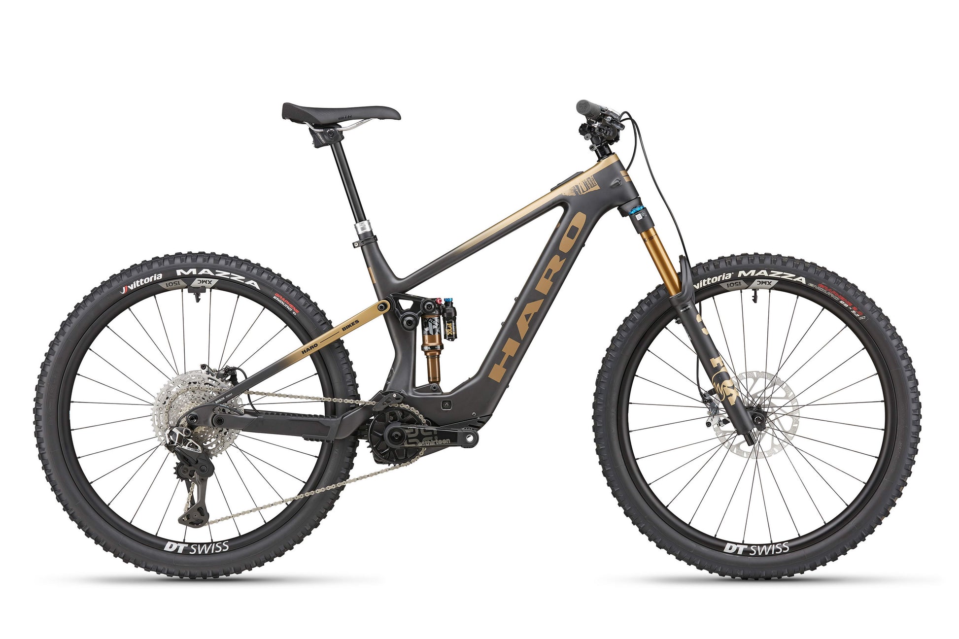 The Haro Bikes eDaley Carbon Top Shelf is a black/gold full-suspension E-Mountainbike with disc brakes and thick tires.