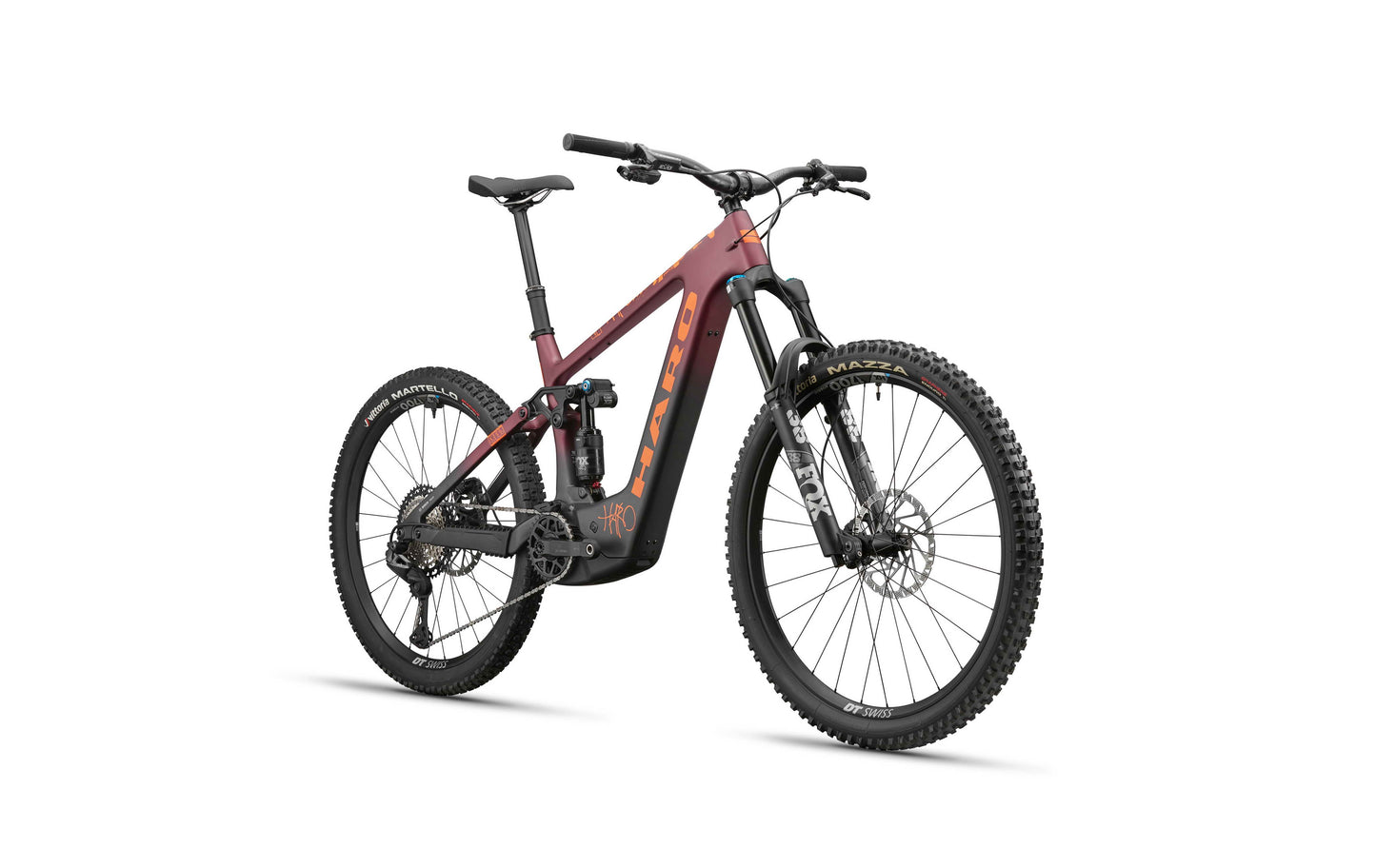 A maroon Haro Bikes eGreer Carbon 1 with FOX Factory suspension, thick tires, black parts, and disc brakes seen from the front.