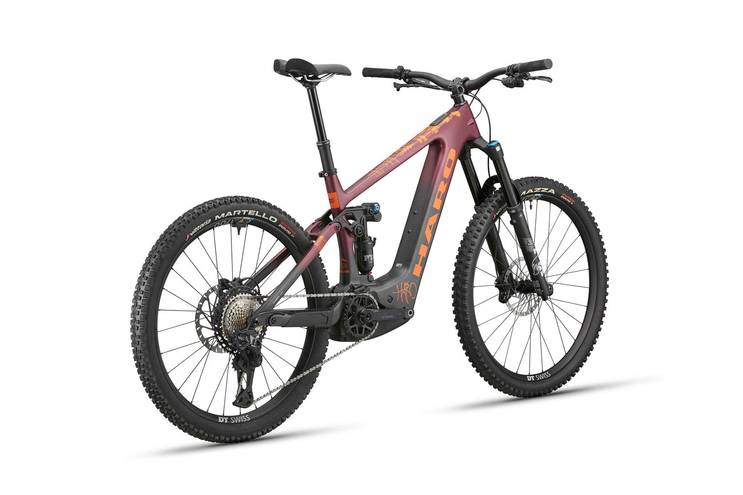 The Haro Bikes eGreer Carbon 1 is an Enduro E-Bike with thick tires, red/black frame, Bosch CX motor, and FOX Factory suspension.