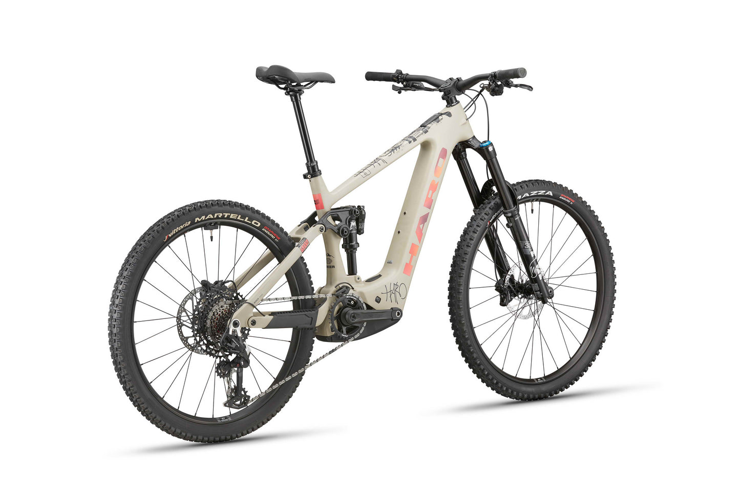 Haro Bikes eGreer Carbon 3: Beige e-mountainbike with Bosch CX, thick tires, black seat, red accents, rear-side view.