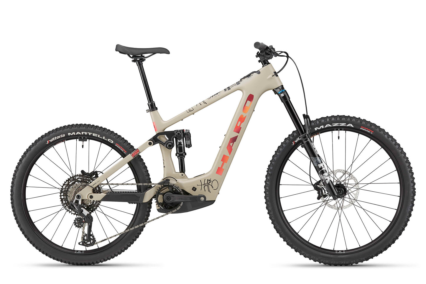 The Haro Bikes eGreer Carbon 3 is a beige full-suspension E-MTB with black wheels and Bosch Performance Line CX motor, shown side view.