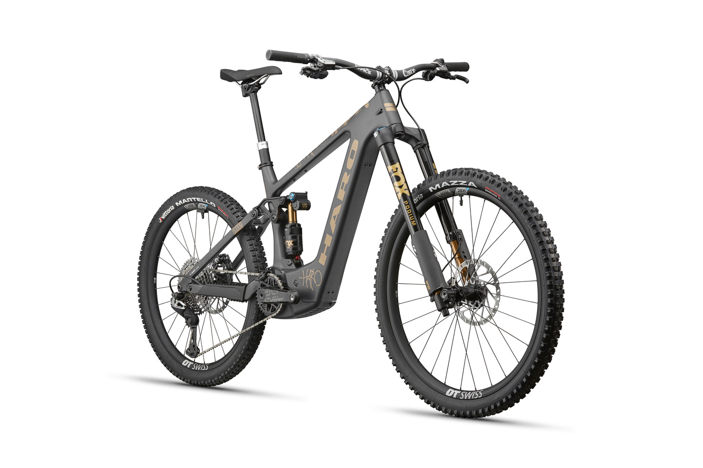 A matte gray eGreer Carbon Top Shelf by Haro Bikes with thick tires, disc brakes, and Bosch Performance Line CX.