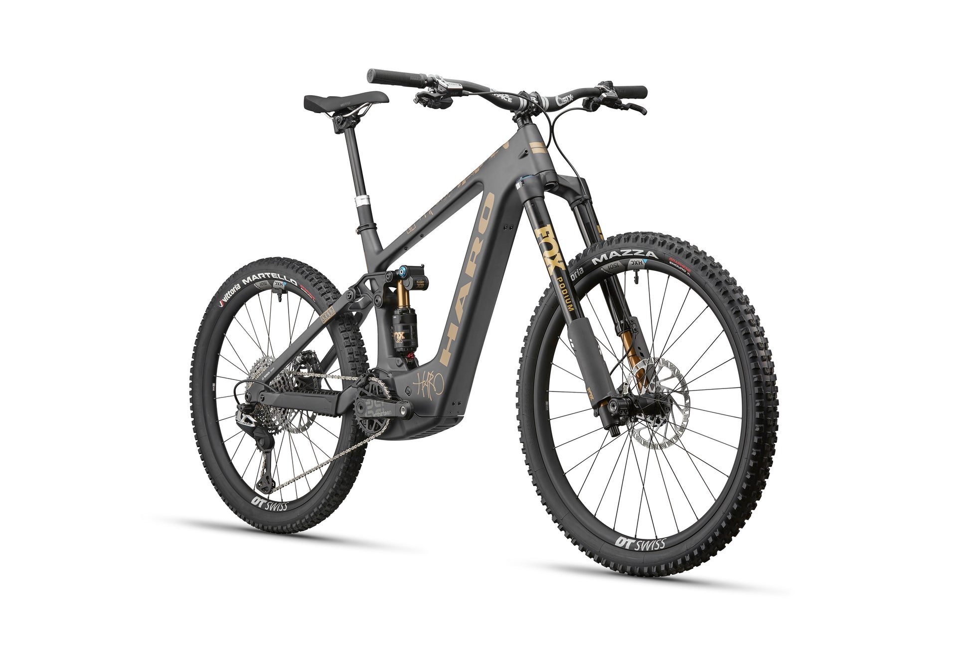 A matte gray eGreer Carbon Top Shelf by Haro Bikes with thick tires, disc brakes, and Bosch Performance Line CX.