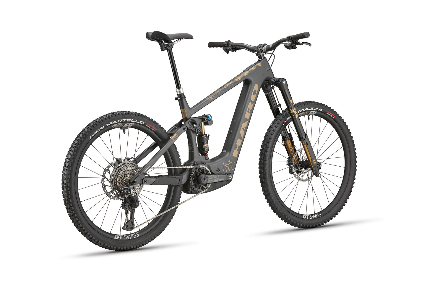 A gray Haro Bikes eGreer Carbon Top Shelf E-Bike with disc brakes and wide tires, shown from a front-side angle.