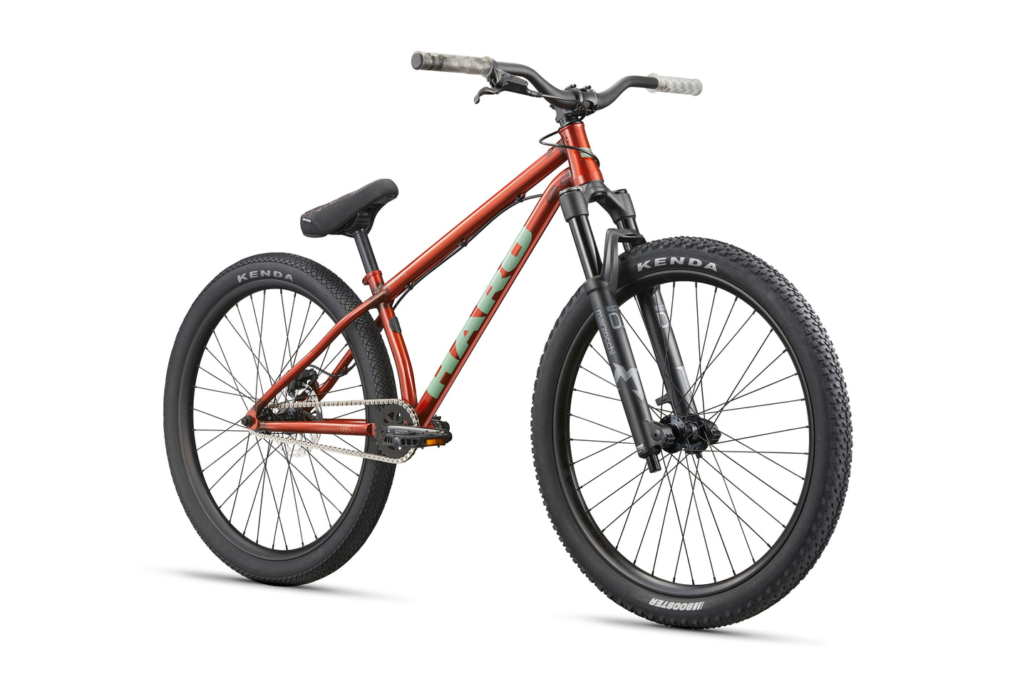 The Haro Bikes Steel Reserve TS, a red freestyle mountain bike with black tires and wide handlebars, shown front-side on white.