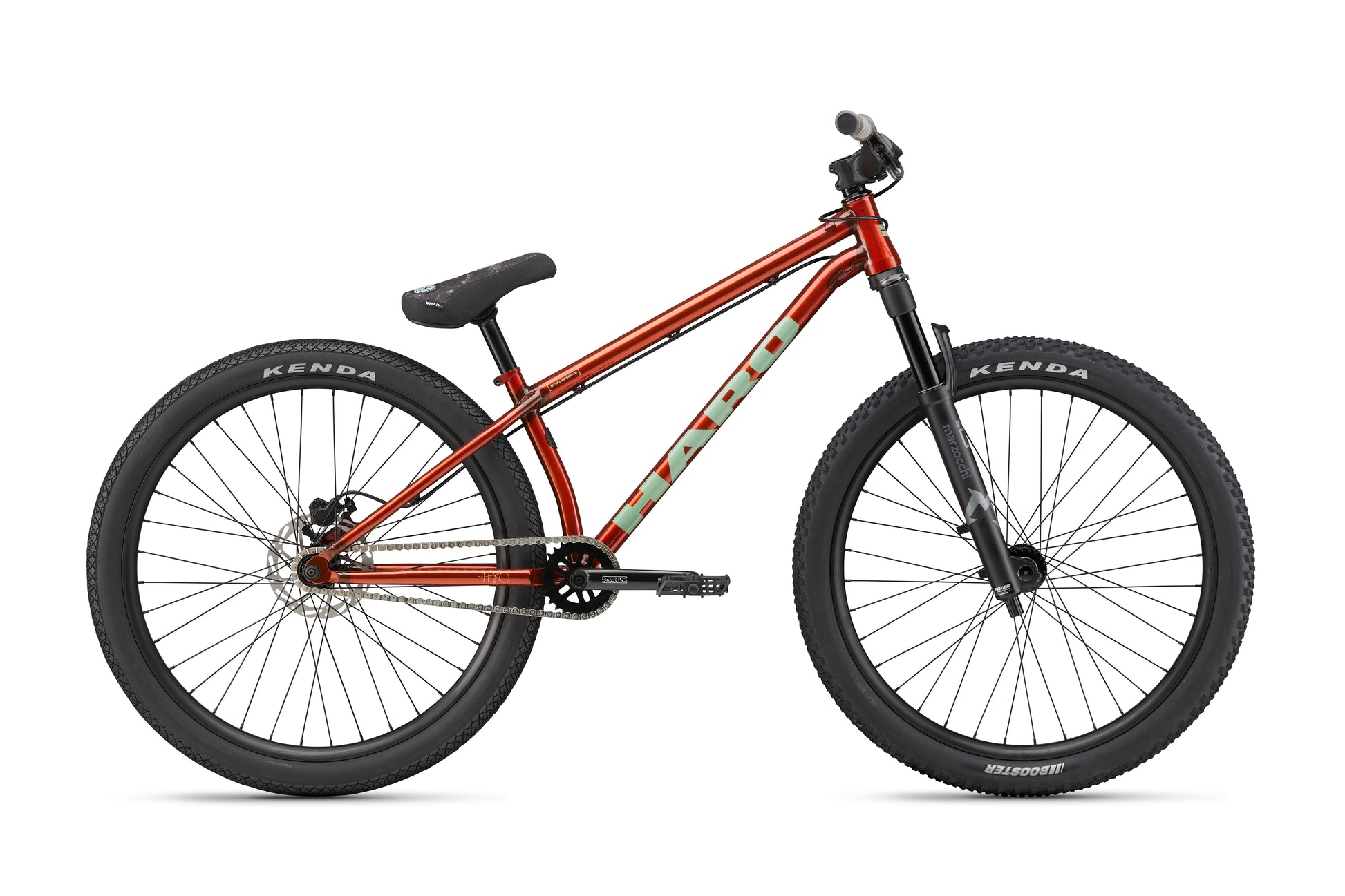 The Haro Bikes Steel Reserve TS is a red and black BMX Dirt Jumper with thick Kenda tires, chromoly frame, and no front brakes.
