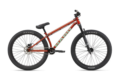 The Haro Bikes Steel Reserve TS is a red and black BMX Dirt Jumper with thick Kenda tires, chromoly frame, and no front brakes.
