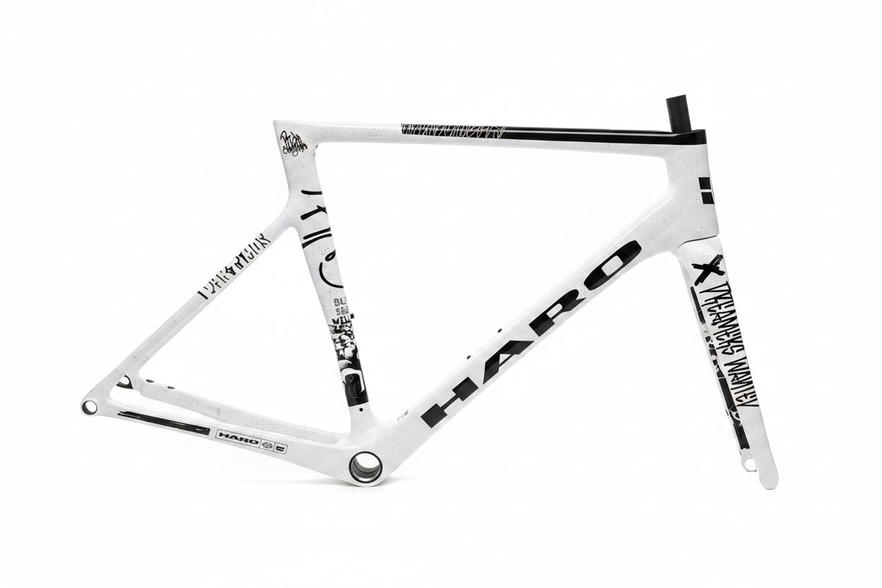A white and black Haro Bikes Partimos Carbon Custom "Black Sheep" frame with graphic designs on a plain white background.