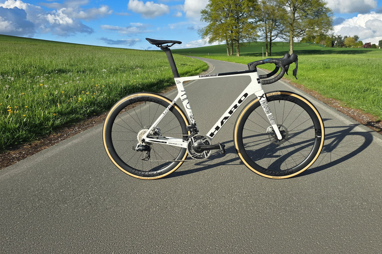 A Haro Bikes Partimos Carbon Custom "Black Sheep" rests on a winding road through green fields under a blue sky with scattered clouds.