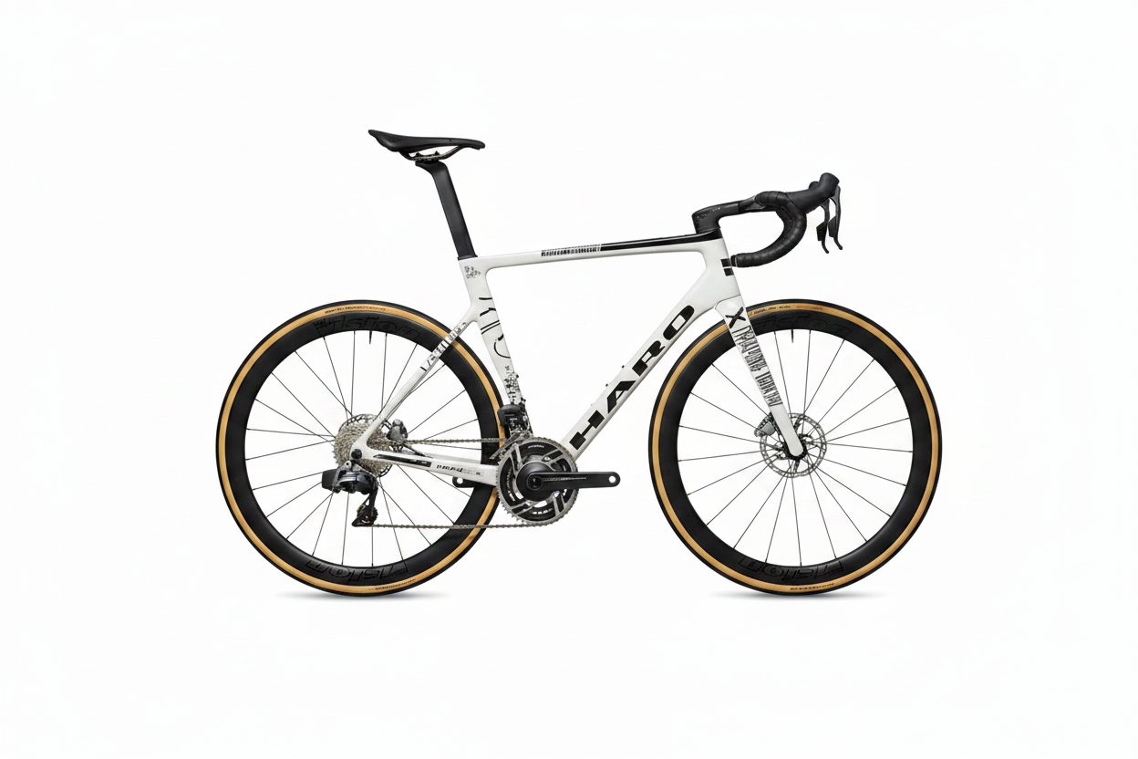 The Haro Bikes Partimos Carbon Custom "Black Sheep" is a white road bike with black/gold accents, drop bars, and thin tires.