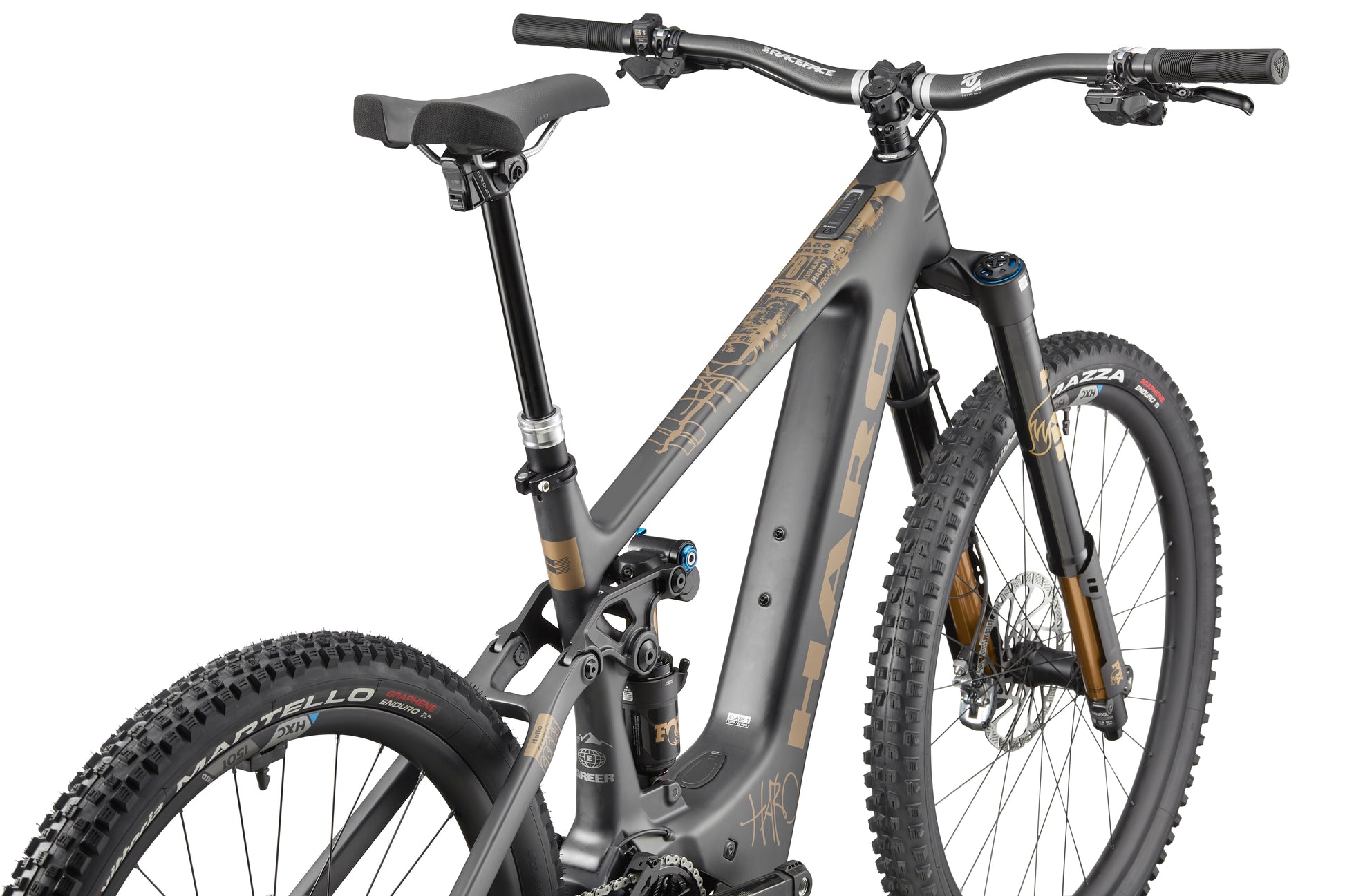 A gray and gold Haro Bikes eGreer Carbon Top Shelf E-Bike is shown from the rear side angle on a white background.