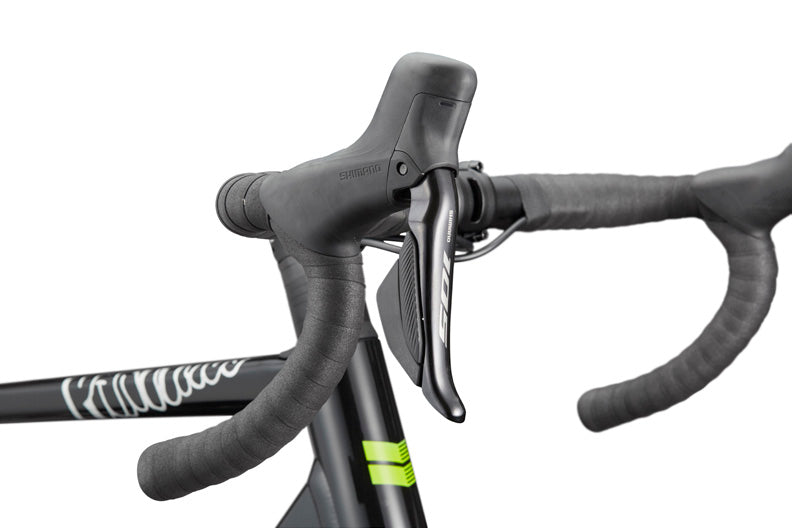 Close-up of HARO Partimos Alloy road bike's handlebars and Shimano 105 Di2 lever with wrapped grips, on white background.