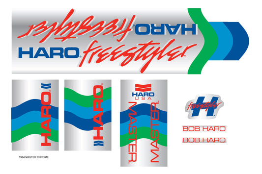 A sheet of 1984 Decals Master Chrome bicycle frame decals featuring Haro, freestyler, Master, and Bob Haro text in various colors and fonts.