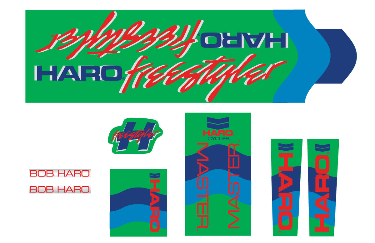 A sheet of 1985 Decals Master Green featuring colorful logos and text, including Freestyler, Master, and Bob Haro branding.