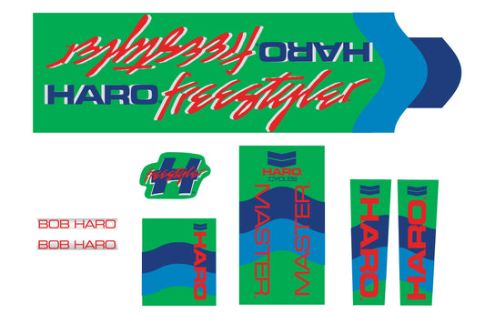A sheet of 1985 Decals Master Green featuring colorful logos and text, including Freestyler, Master, and Bob Haro branding.