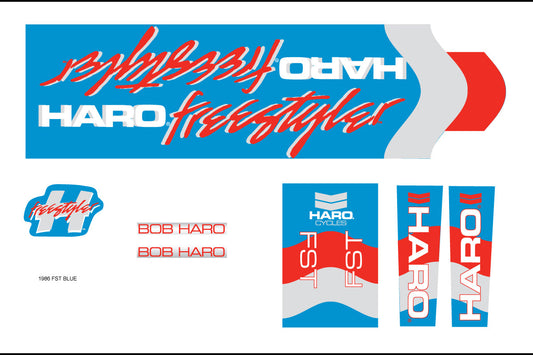 1986 Decals FST Blue set in blue, white, and red, featuring the text Freestyler, FST, and Bob Haro.