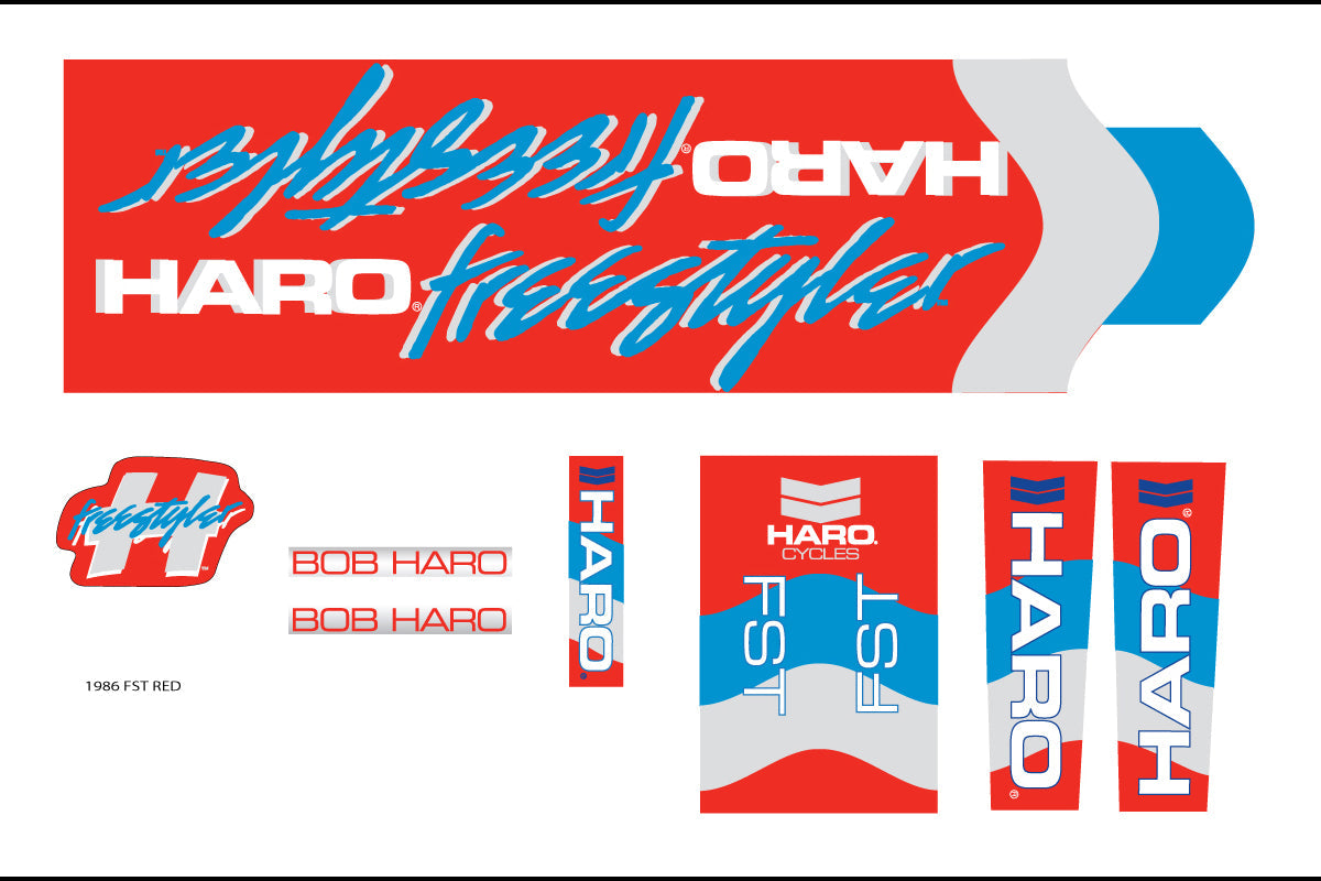 A collection of 1986 Decals FST Red vintage-bike decals in red, white, and blue, featuring Haro Bikes logos and Freestyler text.